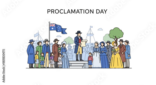 Colonial-Era Proclamation Event Depicting Historical Australian Public Gathering and Declaration with Traditional Figures Under Flag