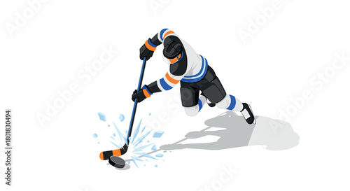 Dynamic ice hockey player in motion with stick and puck