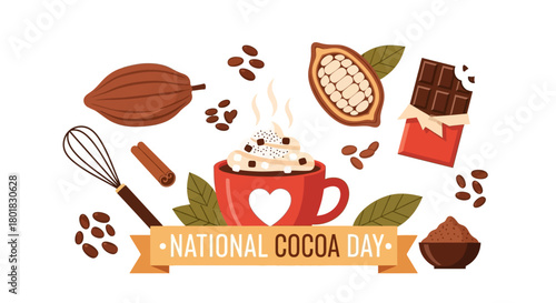 Festive Illustration for National Cocoa Day Delicious Cocoa, Cocoa Beans, and Celebration Elements