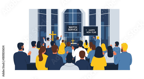 Community Gathering for a Spiritual New Year's Eve Watch Service in a Contemporary Church Setting Illustration