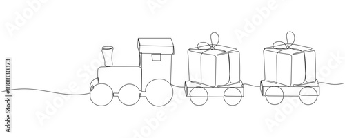 Continuous One Line Drawing of Christmas Toy Train Carrying Gift Boxes