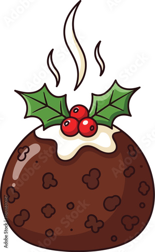 Christmas pudding with holly and berries, isolated on white background