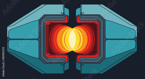 An abstract illustration depicts a stylized, geometric representation of a nuclear fusion reactor, showcasing energy and innovation.