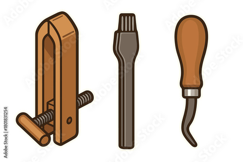 Essential leather crafting tools including a wooden stitching clamp, pricking iron, and awl