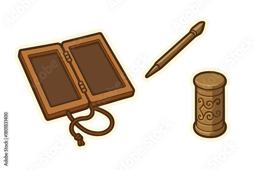 Stylized wooden writing tablet, pointed stylus, and carved cylindrical scroll holder