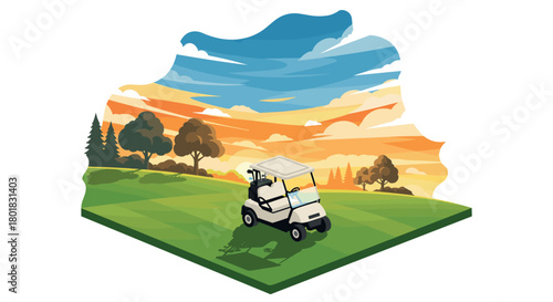 Scenic golf course at sunset with cart and rolling hills