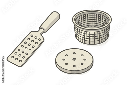 Isometric view of various kitchen grating and slicing accessories on white background
