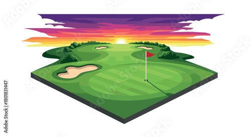 Vibrant sunset scene over golf course with colorful sky and green landscape