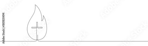 Continuous one line drawing of Christian cross in flame. Concept of Holy Spirit and Pentecost