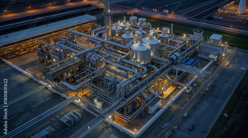 Fototapeta premium Industrial plant complex at night, showcasing illuminated structures and intricate piping systems