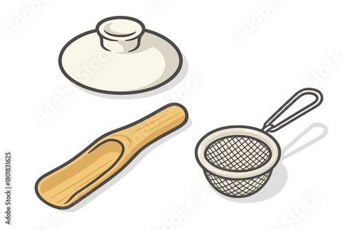 Traditional tea ceremony accessories set including wooden scoop strainer and ceramic lid