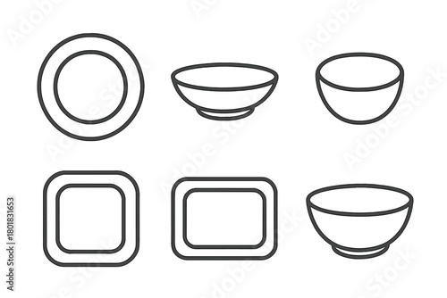 Assortment of linear dishware shapes including round plates, square dishes, and serving bowls