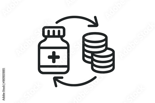 Financial transaction involving medicine bottle and stacked coins with circular arrows
