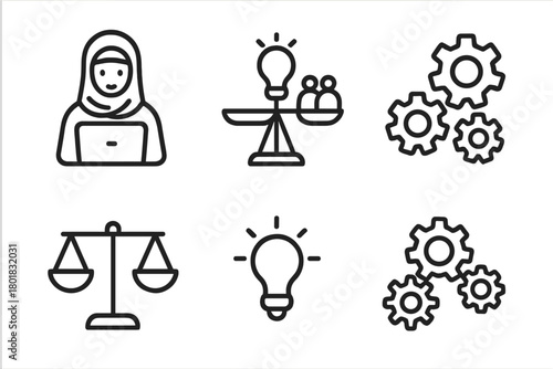 Conceptual symbols for business, law, and innovation including gears, scales, lightbulbs, and a professional woman
