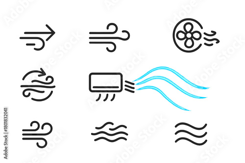 Minimalist line icons representing air movement, wind direction, ventilation, and air conditioning