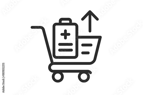 Online shopping cart with battery symbol and arrow indicating power increase