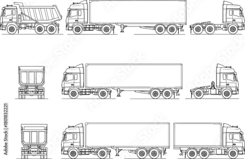 Vector line art collection of heavy trucks including dump truck semi trailer and tractor unit for logistics shipping and construction industry design elements set.