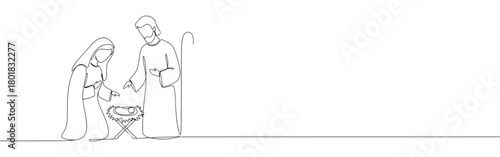 Continuous one line drawing of Mary and Joseph looking at baby Jesus in the manger. Nativity scene