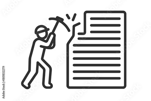 Worker using a pickaxe to mine digital data block symbolizing content editing and extraction