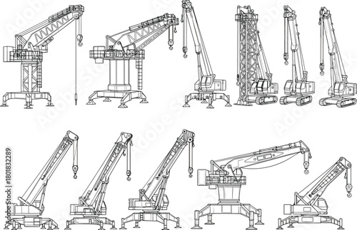Vector line art set of heavy construction cranes featuring hydraulic lifts, crawler tracks, and mobile tower machinery for industrial engineering and building site design elements.
