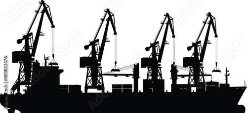 Vector silhouette of a large industrial cargo ship with heavy cranes loading shipping containers for global maritime logistics and port transportation business design element.