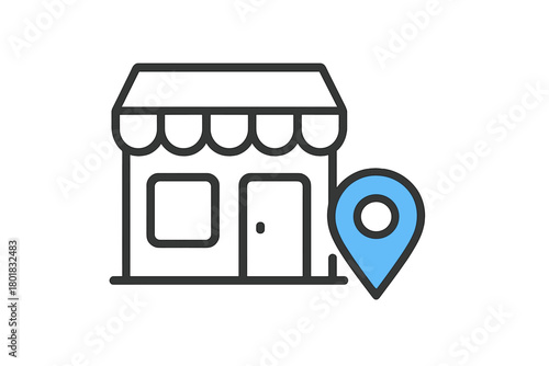 Minimalist shop or store building facade with awning and blue map location pin marker