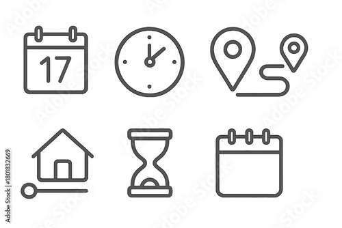 Essential symbols for time management, scheduling, location tracking, and real estate services