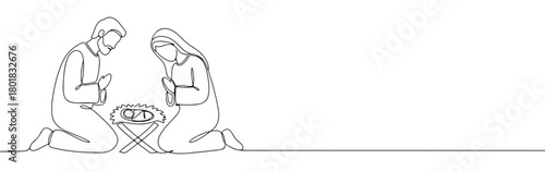 Continuous one line drawing of Mary and Joseph kneeling by baby Jesus in the manger. Nativity scene