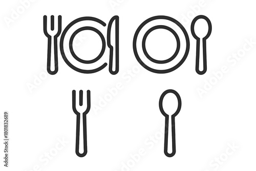 Minimalist set of dining utensils including fork, knife, spoon, and plates for restaurant menus