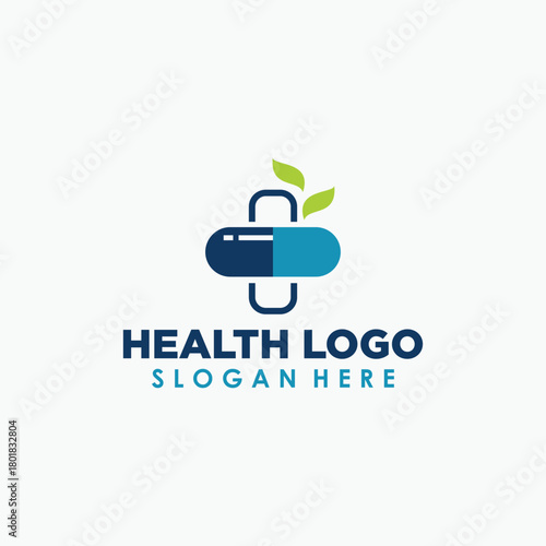 herbal capsule pills simple logo design, health and leaf logo design template