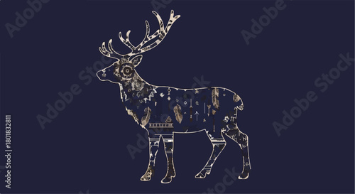 Luxurious golden stag emblem illustration with abstract geometric pattern overlay design isolated on Transparent Background