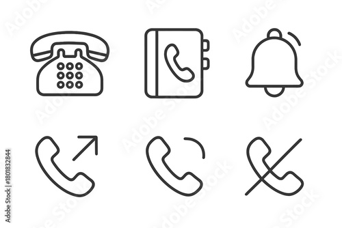 Essential communication icons: phone, contact book, notification bell, and call status symbols