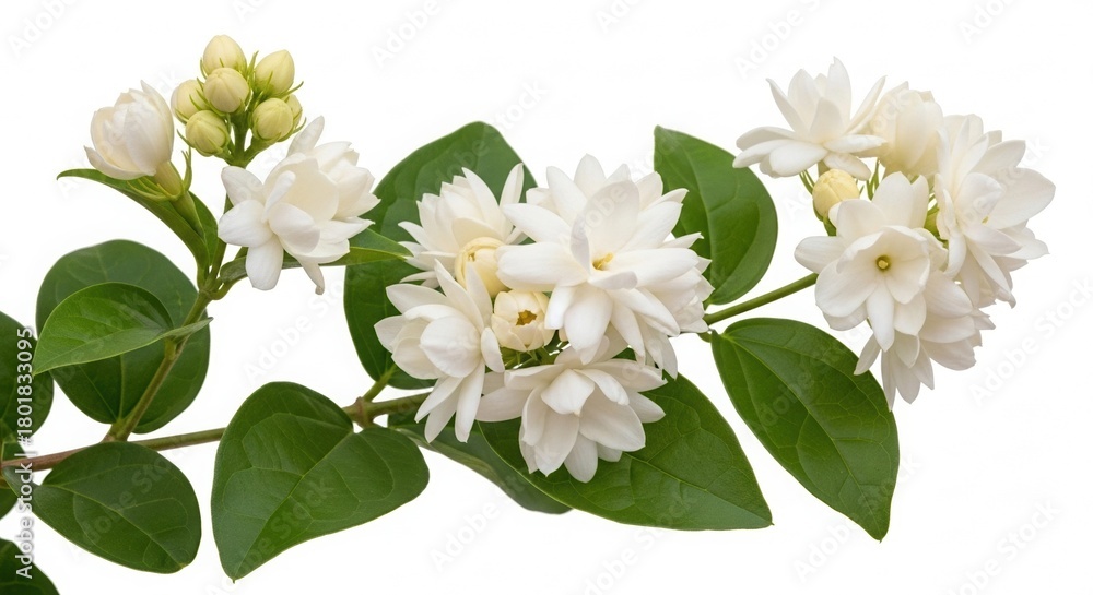 Fototapeta premium Elegant Jasmine Branch with White Flowers and Green Leaves on White
