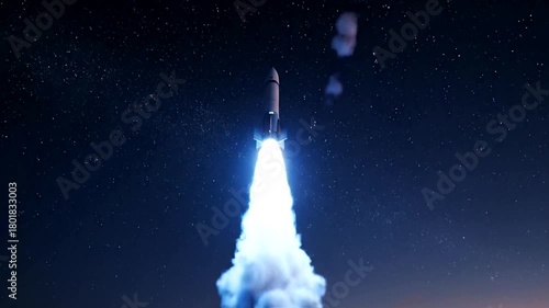 Rocket launch sequence against starry skies with fiery exhaust plume and vibrant night sky