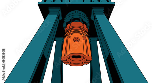 An illustration of a mechanical device with an orange cylindrical component suspended within a blue structural framework against a stark white backdrop.