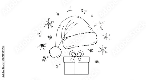 Simple Santa Claus hat and Christmas gift box line art drawing with falling snowflakes isolated on Transparent Background