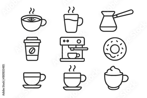 Black line icons set of coffee cups, espresso machine, cezve, and donut