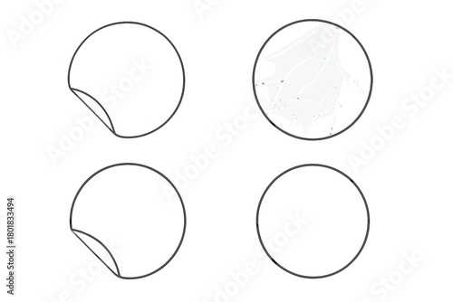 Four blank round adhesive labels with peeled corners and a circular template featuring marble texture