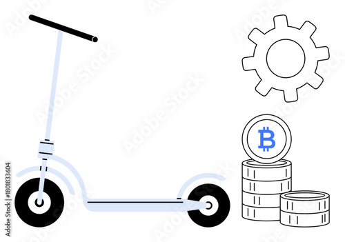 Electric scooter placed beside stacked Bitcoin coins and a gear, symbolizing innovation, digital currency, and progress. Ideal for mobility, fintech, cryptocurrency, sustainability, future