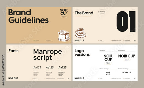 Brand identity guideline template for developing a cohesive visual identity for a coffee brand, pastry, bakery, restaurant, or cafe.