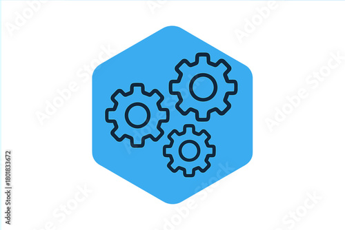 Outline gear icons representing settings and configuration inside a blue hexagonal shape