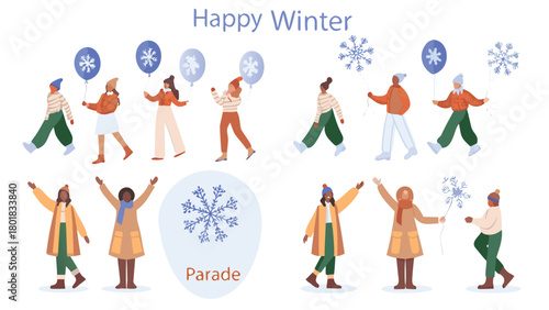 Vibrant winter parade illustration featuring costumed characters and joyful snow dancers perfect for festive holiday promotions and seasonal advertisements