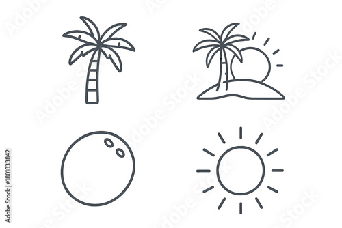 Minimalist tropical summer vacation elements: palm trees, sun, and coconut fruit