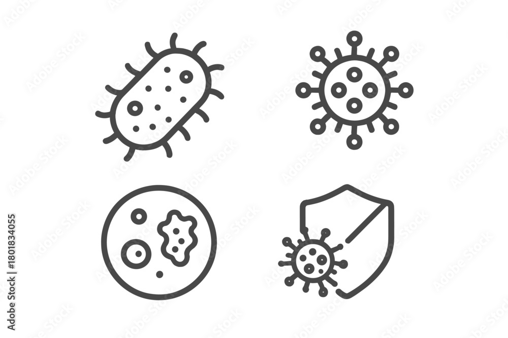 Fototapeta premium Outline symbols representing bacteria, viruses, microbiology, and immune system protection concepts