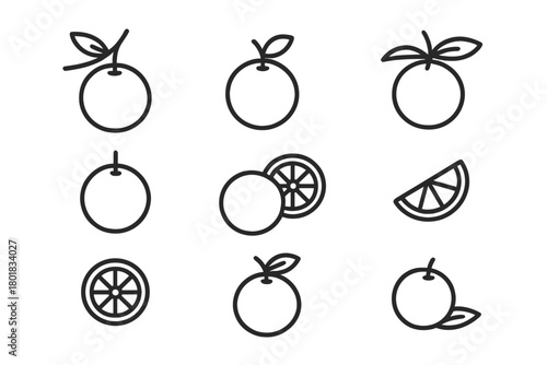 Minimalist linear graphic set showing whole, half, and quarter orange slices