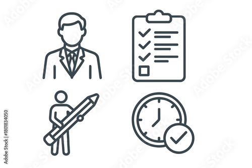 Set of business management, planning, and productivity icons for time tracking and professional profiles