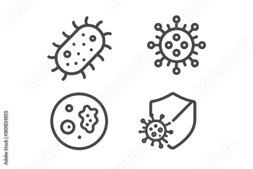 Outline symbols representing bacteria, viruses, microbiology, and immune system protection concepts