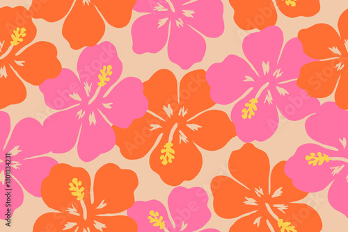 Vibrant hibiscus flowers in bold orange and pink create a lively tropical pattern, perfect for summer designs, beachwear, textiles, and cheerful decorative themes.
