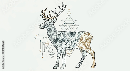 Majestic stag illustration with ornate mandala pattern and spiritual geometric design isolated on Transparent Background