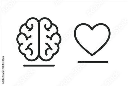 Minimalist outline of human brain and heart symbolizing logic and emotion balance